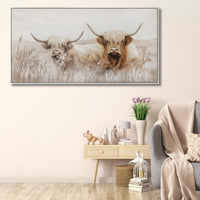 Highland Cow Hand Painted Canvas Print | Framed White