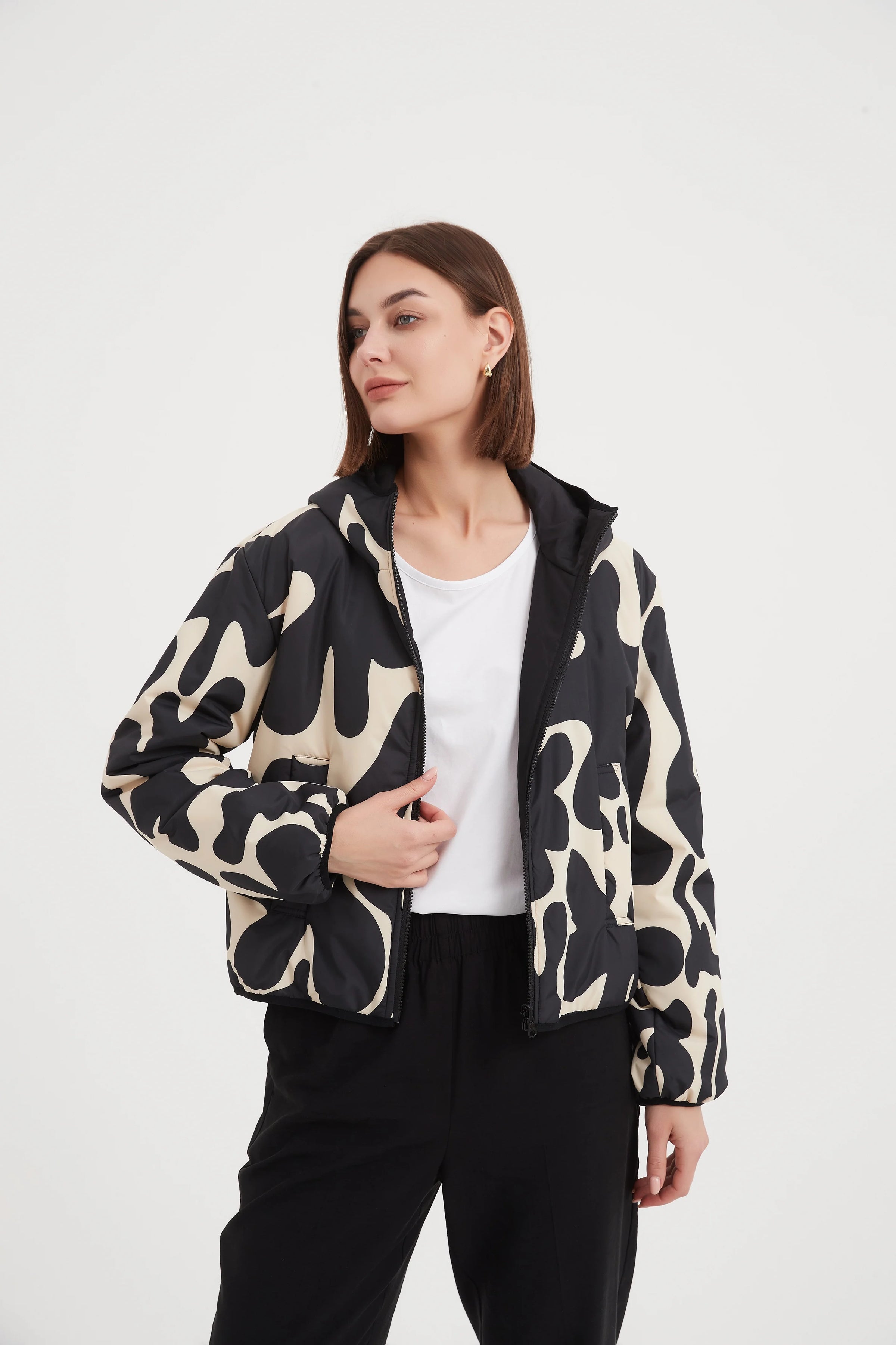 Reversible Print Puffer Jacket | Black/Cream Print