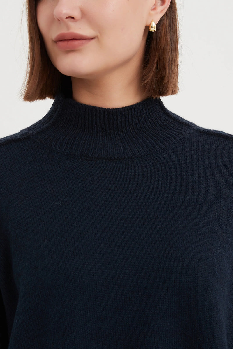 Turtle Neck Boxy Knit | Navy