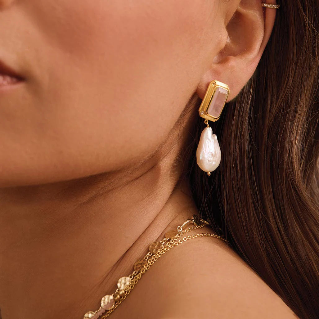 Hanging Pearl Earring with Rose Quartz & White Topaz | 18KT Yellow Gold Plate