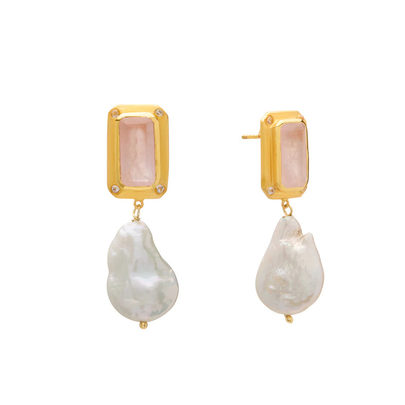 Hanging Pearl Earring with Rose Quartz & White Topaz | 18KT Yellow Gold Plate