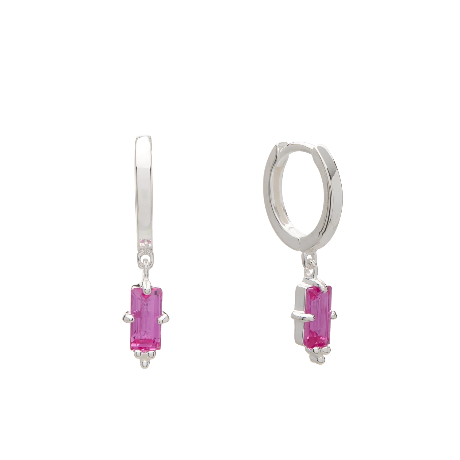 Huggie with Hanging Deep Pink Quartz Baguette | Sterling Silver