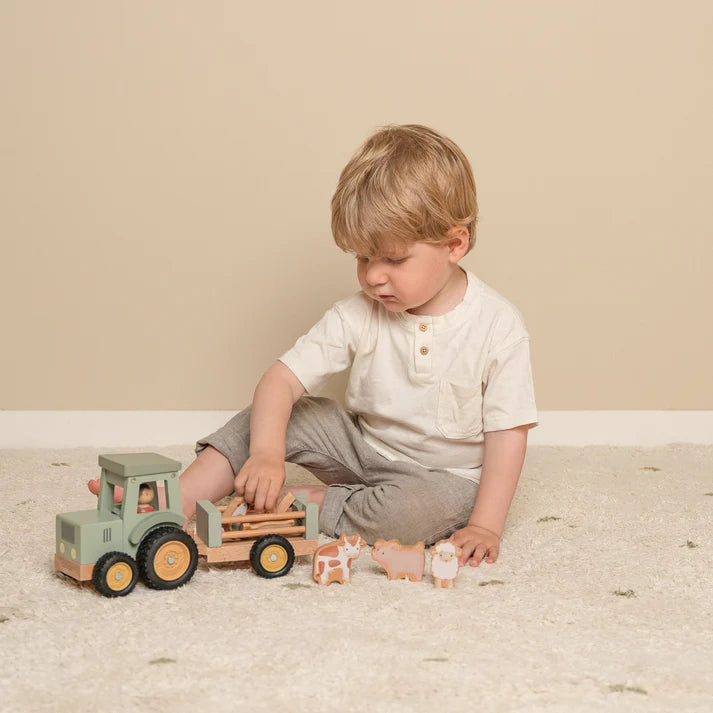 Little Farm Tractor With Trailer Wooden Baby Toy