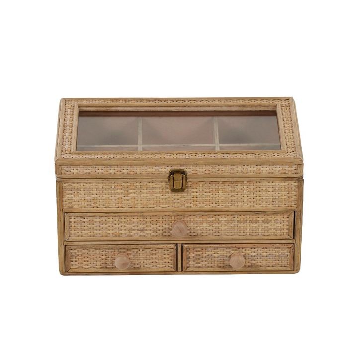Rattan Jewellery Box with Timber Handles | Glass Lid